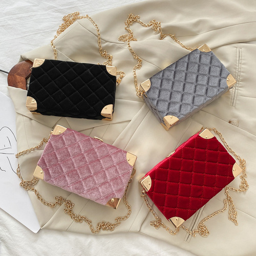 Spring Box Children's Bag Gold Velvet Small Square Bag Diamond Pattern Chain Embroidered Women's Bag Classic Small Women's Bag