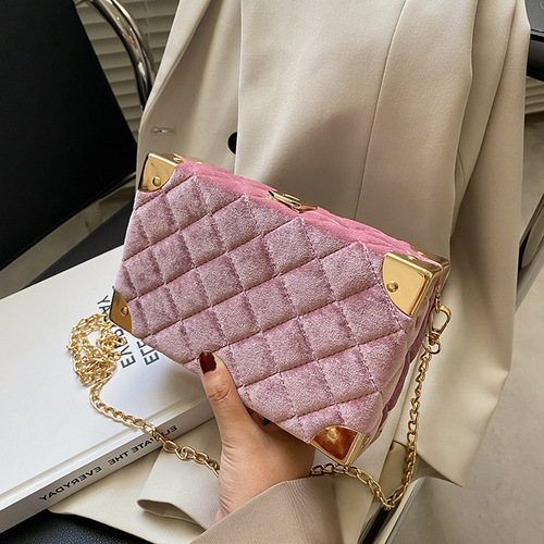 Spring Box Children's Bag Gold Velvet Small Square Bag Diamond Pattern Chain Embroidered Women's Bag Classic Small Women's Bag