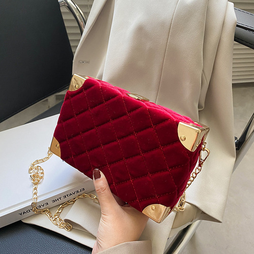 Spring Box Children's Bag Gold Velvet Small Square Bag Diamond Pattern Chain Embroidered Women's Bag Classic Small Women's Bag