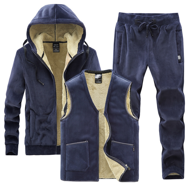 Silver Fox velvet winter New fleece-lined suit men's lambswool sweater cotton pants casual suit middle-aged plus size three pieces suit