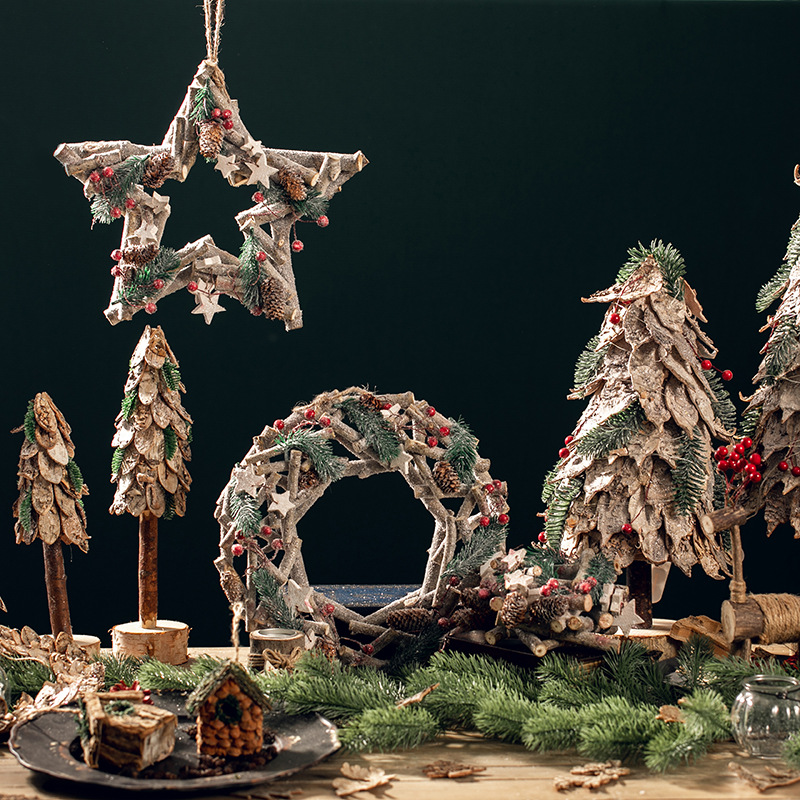 Navidad guirnaldas de madera vinas frutas rojas pentagramas colgantes cafetería hotel centro comercial decoración colgante de pared