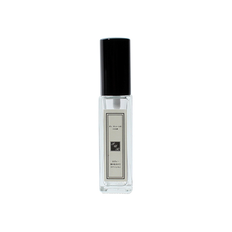 En stock botella de perfume de vidrio botella de spray cosmético transparente perfume sub-botella cuadrada de oro rosa boquilla de aluminio botella vacía