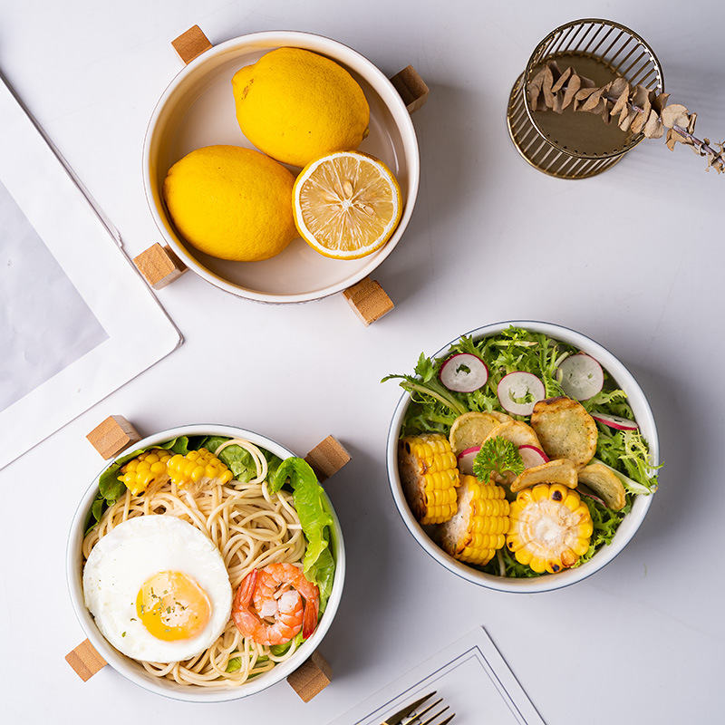 INS Nórdico creativo patrón de piedra tazón de cerámica Hogar personalizado tazón de sopa tazón de fideos instantáneos con estante de madera tazón de ensalada de frutas vajilla