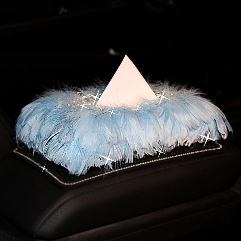 Caja de pañuelos para coche, decoración de asiento, caja de servilletas de coche con plumas de diamantes de imitación para coche, decoración interior brillante y hermoso