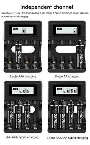 1.5V Lithium Battery Charger, Four-Slot USB LCD Smart Fast Charger, Compatible with AA/AAA NiMH Batteries