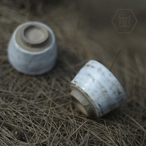 Handmade stoneware tea cup, Kung Fu tea set, small tea cup with printed logo, Japanese ceramic horseshoe cup