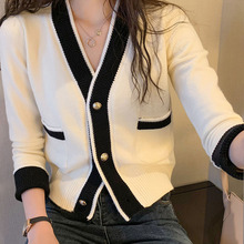 针织开衫2025长袖软糯温柔风新款v领加厚开衫拼接毛衣春装女装