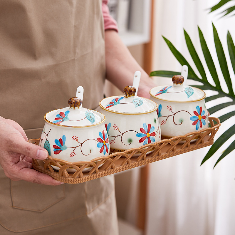 Seasoning jar bowl ceramic tableware household salt monosodium glutamate seasoning bottle kitchen seasoning jar set chili jar combination