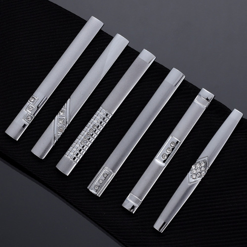 Wholesale men's formal silver tie clip with diamonds, fashionable and simple business sandblasted matte glossy diamond tie clip