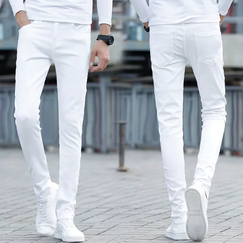 Белые брюки для отдыха, джинсы, slim fit, корейский стиль, средняя посадка, для подростков