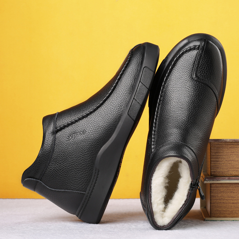 Invierno primera capa de piel de vaca lana de los hombres zapatos de algodón de cuero genuino forrado de lana caliente zapatos de los hombres de mediana edad y ancianos papá zapatos de cuero suave de los hombres
