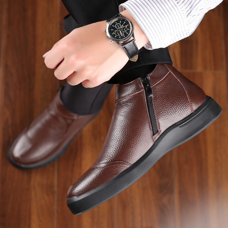 Invierno primera capa de piel de vaca lana de los hombres zapatos de algodón de cuero genuino forrado de lana caliente zapatos de los hombres de mediana edad y ancianos papá zapatos de cuero suave de los hombres