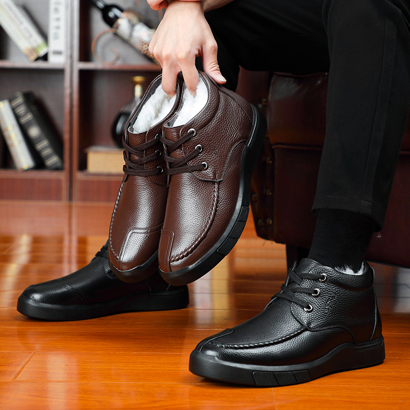 Invierno primera capa de piel de vaca de lana zapatos de algodón de los hombres de cuero genuino forrado de lana caliente papá zapatos de los hombres de alta superior casual zapatos de cuero de los hombres