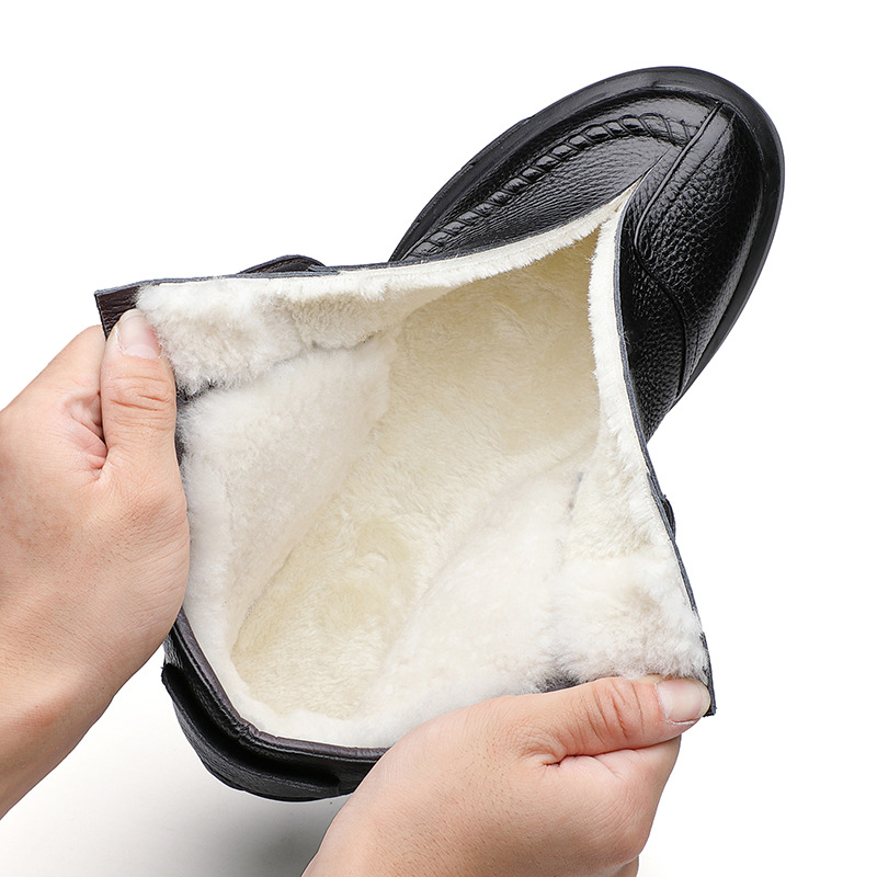 Invierno primera capa de piel de vaca de lana zapatos de algodón de los hombres de cuero genuino forrado de lana caliente papá zapatos de los hombres de alta superior casual zapatos de cuero de los hombres
