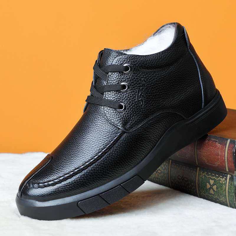 Invierno primera capa de piel de vaca de lana zapatos de algodón de los hombres de cuero genuino forrado de lana caliente papá zapatos de los hombres de alta superior casual zapatos de cuero de los hombres