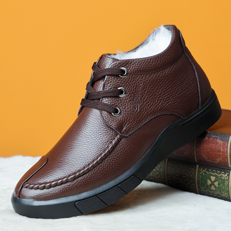 Invierno primera capa de piel de vaca de lana zapatos de algodón de los hombres de cuero genuino forrado de lana caliente papá zapatos de los hombres de alta superior casual zapatos de cuero de los hombres