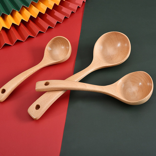 Beech wood household large soup wooden spoon for drinking soup, porridge and hot pot spoon creative wooden long handle large spoon