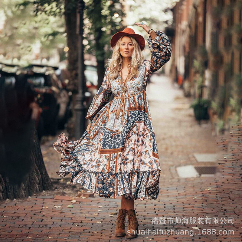 Bohemian Long Dress Bubble Sleeve Mid-waist Brown Long Elegant Commuter Printed dress Cross-border Exclusive