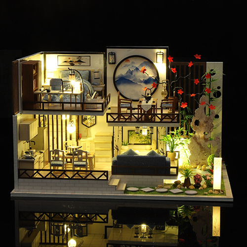 DIY Small House M029 Ink Fragrance Bamboo Charm with Dust Cover Chinese Style Ancient Architecture Model Toy Handmade Gift for Women