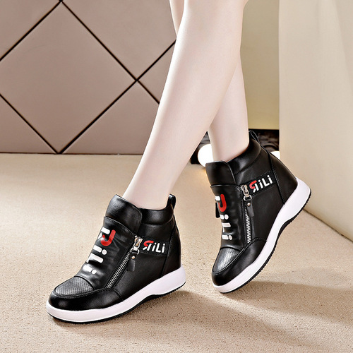 2024 autumn and winter new style inner heightening thick-soled wedge-heeled white shoes double zipper casual trendy women's shoes sports high-top shoes