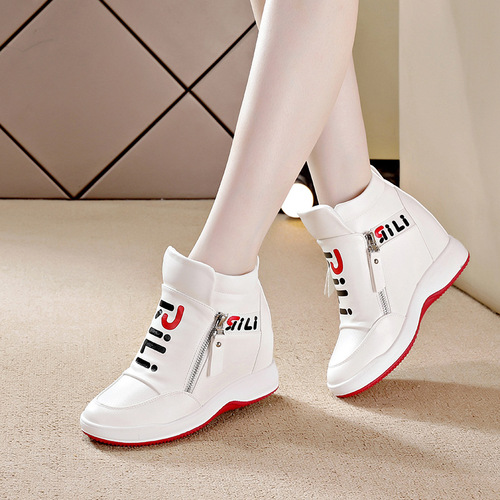 2024 autumn and winter new style inner heightening thick-soled wedge-heeled white shoes double zipper casual trendy women's shoes sports high-top shoes