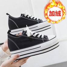 2020秋冬季新款黑色加绒保暖帆布鞋女内增高韩版百搭松糕跟女鞋子