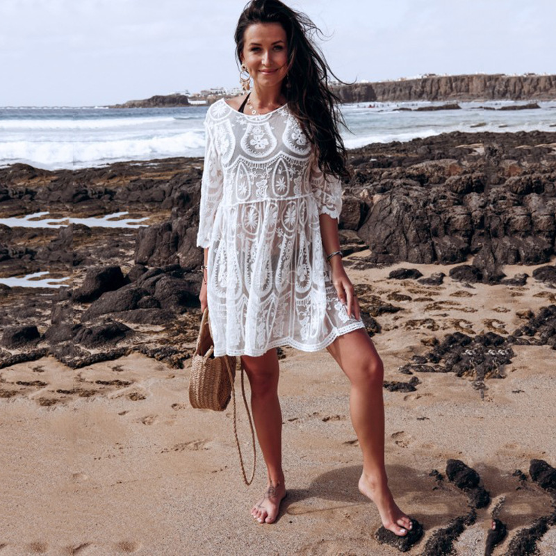 European and American Sexy Lace Embroidery Hollow Beach Women's Backless Casual Vacation Bikini Sunscreen Blouse