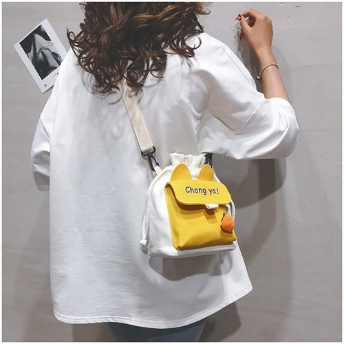 ins Japanese canvas crossbody bag  new style small fresh and cute internet celebrity student drawstring bucket shoulder bag for women