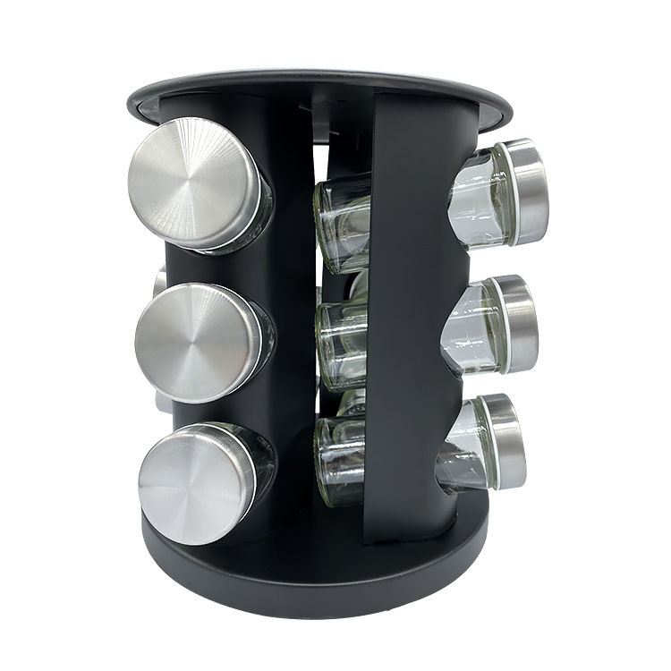 Rack de especias de acero inoxidable rociado de plástico de Amazon transfronterizo estante de botellas de vidrio con 12 tipos de latas de especias giratorio estante de especias