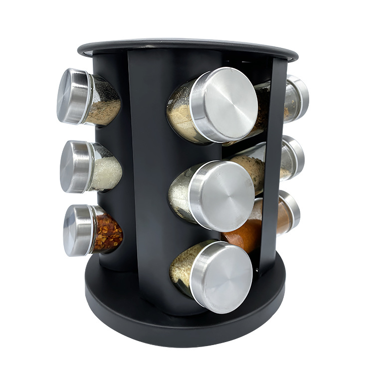 Rack de especias de acero inoxidable rociado de plástico de Amazon transfronterizo estante de botellas de vidrio con 12 tipos de latas de especias giratorio estante de especias