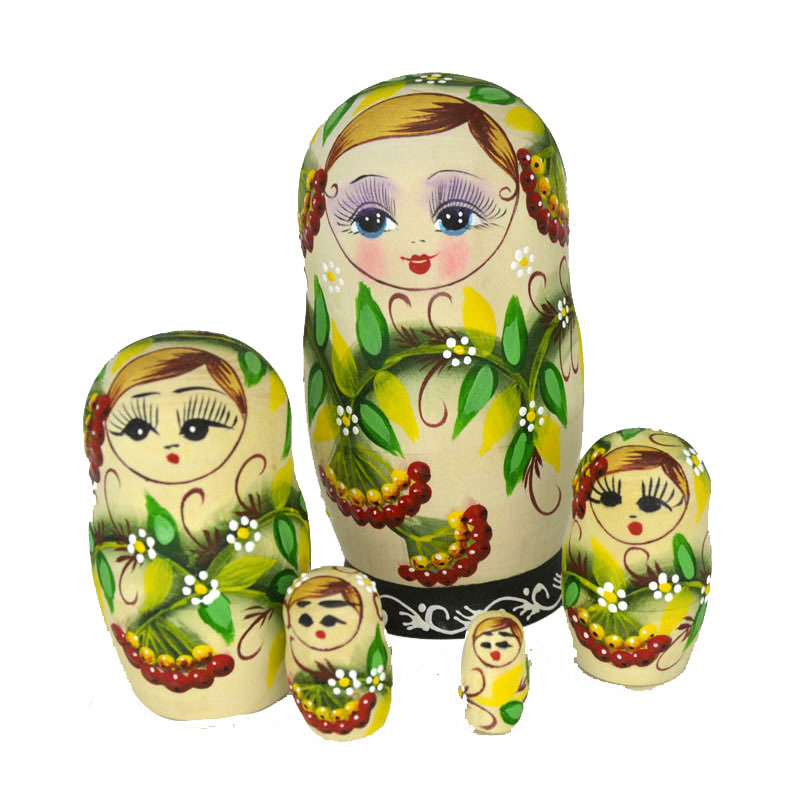 俄式套娃 5层 彩绘娃娃 蓝色果实图案 木表面 手工制作