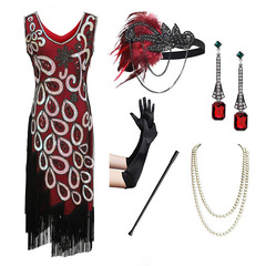 1920s Retro Sequin Dress Peacock Fringe Evening Gown Party Cocktail Dresses [+ Accessories] 