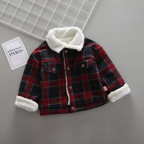 Children's new warm and thick padded cotton grid color single-breasted button coat for boys Korean style