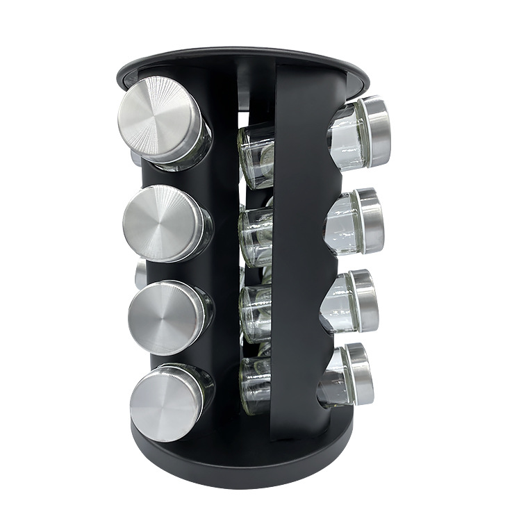 Plástico transfronterizo pulverización de acero inoxidable condimento estante botella de vidrio rack con 16 tipos de latas de condimento giratorio condimento rack