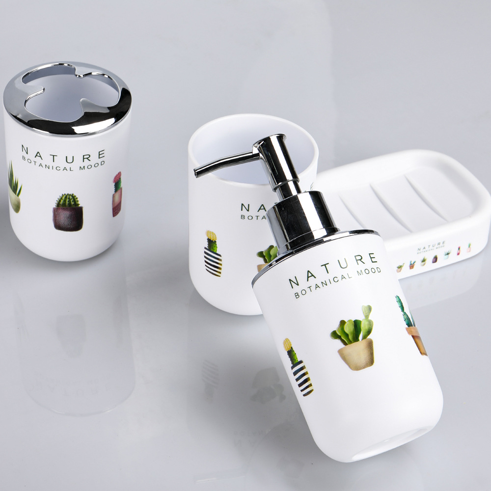 Conjunto de tazas de baño impresas personalizadas fábrica de suministros de baño una caja MOQ baño de plástico conjunto de cinco piezas