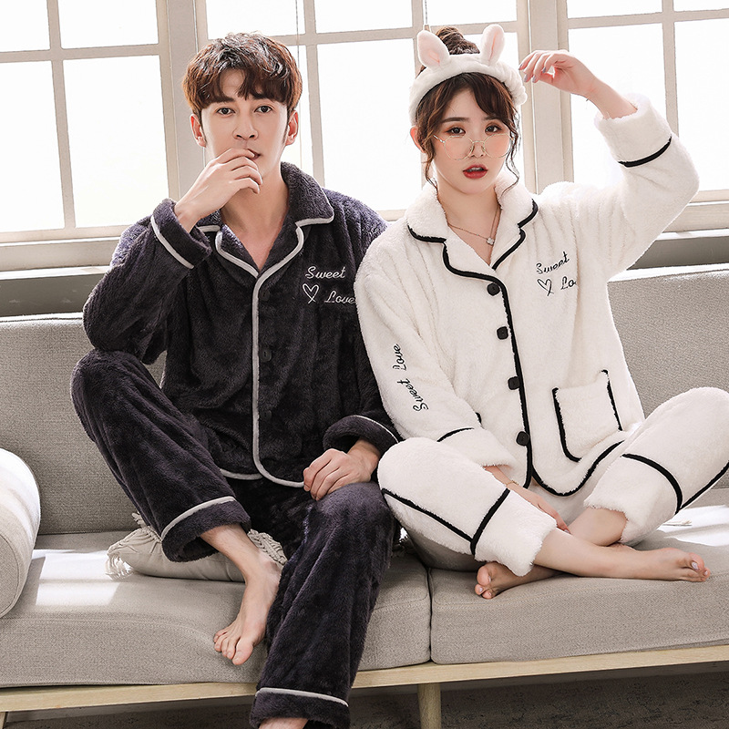 Otoño y invierno nuevos productos de doble cara de peluche de peluche polar pareja pijama de hombre grande abrigo ropa doméstica de mujer set