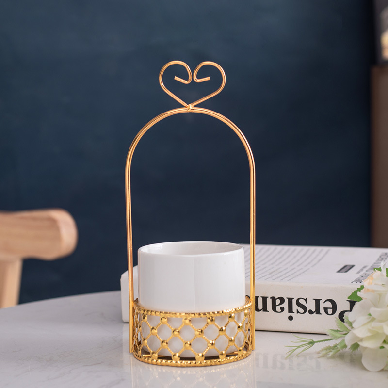 Cestas de flores de metal doradas creativas de escritorio maceta de cerámica verde decoración de mesa de té de sala de estar