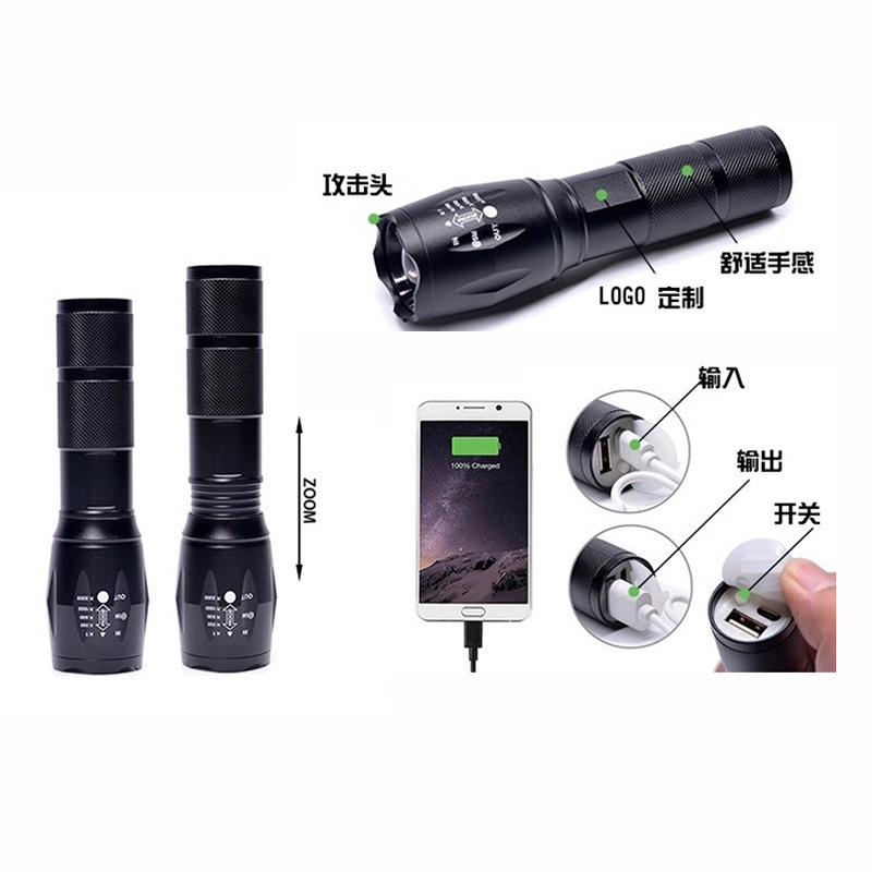 Transfronterizo de segunda clase e-commerce dedicado USB recargable linterna zoom LED de aleación de aluminio linterna cargador