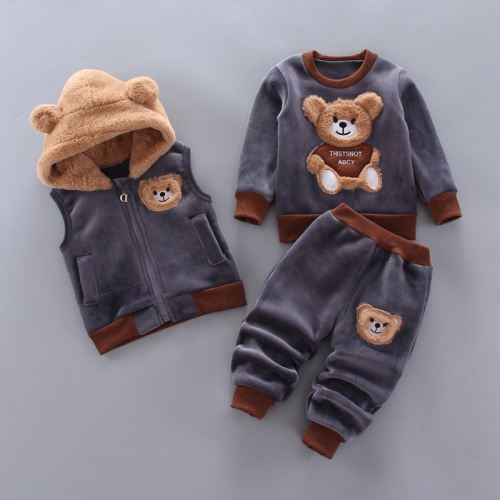  new autumn and winter Korean cartoon children's clothing for boys and girls plus plush bear three-piece children's suit