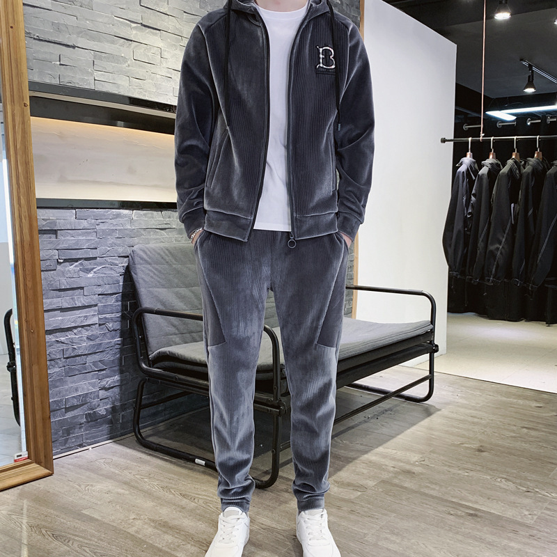 Traje deportivo para hombre Otoño e Invierno Nueva ropa deportiva de terciopelo dorado para hombre casual Chaqueta de punto con capucha de manga larga