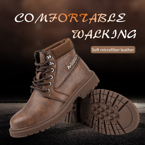 Safety shoes for men with anti-puncture, anti-slip, and steel toe cap features, high-top design, and cowhide sole.