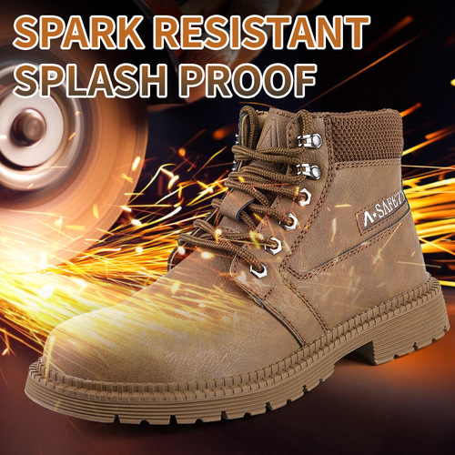 Safety shoes for men with anti-puncture, anti-slip, and steel toe cap features, high-top design, and cowhide sole.