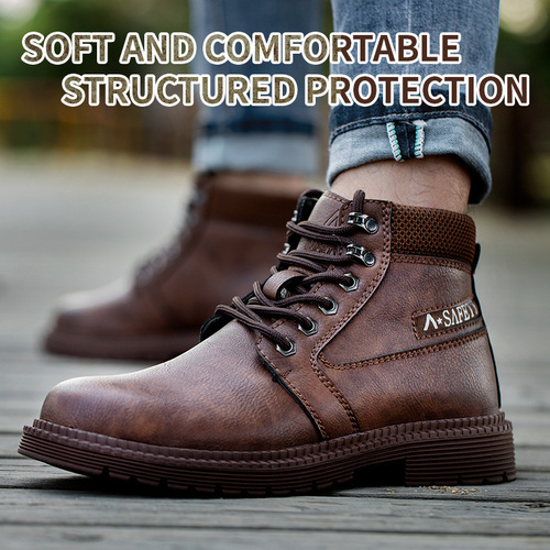 Safety shoes for men with anti-puncture, anti-slip, and steel toe cap features, high-top design, and cowhide sole.