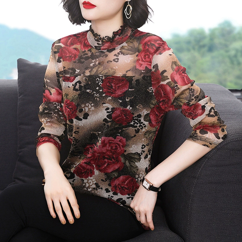 Ранняя осень Базовая рубашка с длинным рукавом и половинным воротником 2023 Новый женский топ для мамы среднего возраста Модная тонкая рубашка в западном стиле