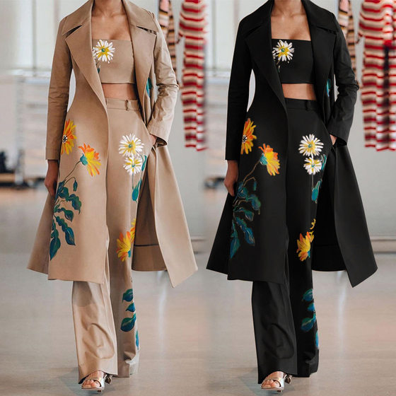 FD123 in stock 2025 Fall/Winter European and American Fashion Street Photographic Long Windbreaker Wrap Chest Bell Pants Three-piece Suit