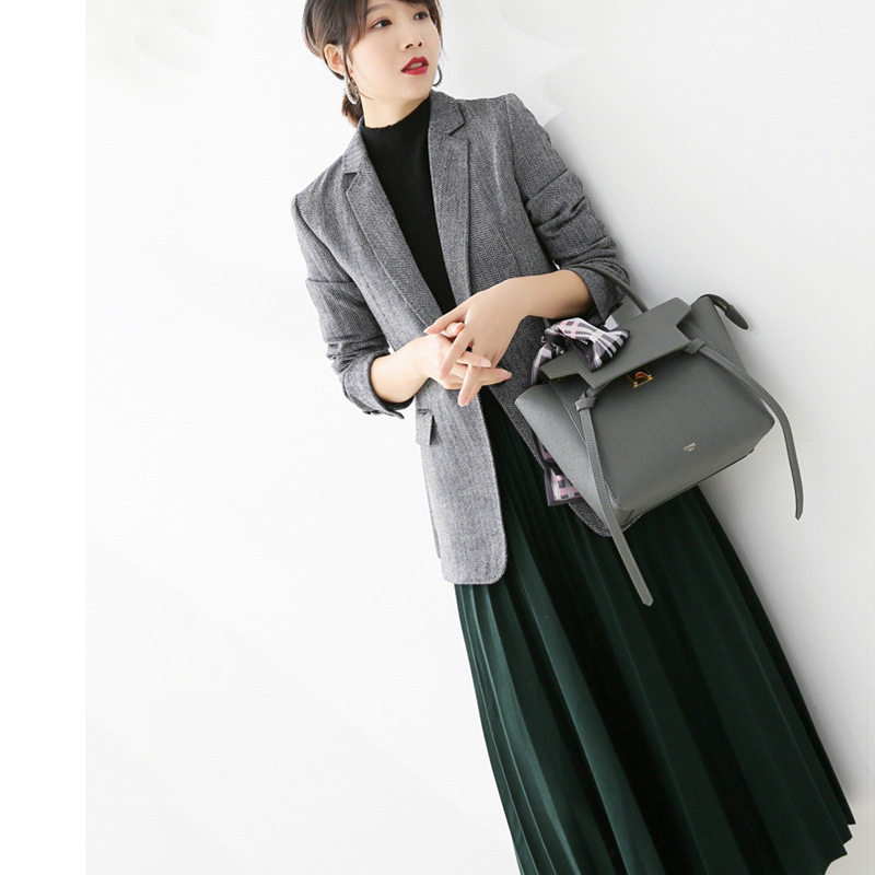 Chân váy xếp ly dệt kim cạp cao dáng dài vừa phong cách thanh lịch — Màu xanh lục đậm, Màu xám, Màu đen