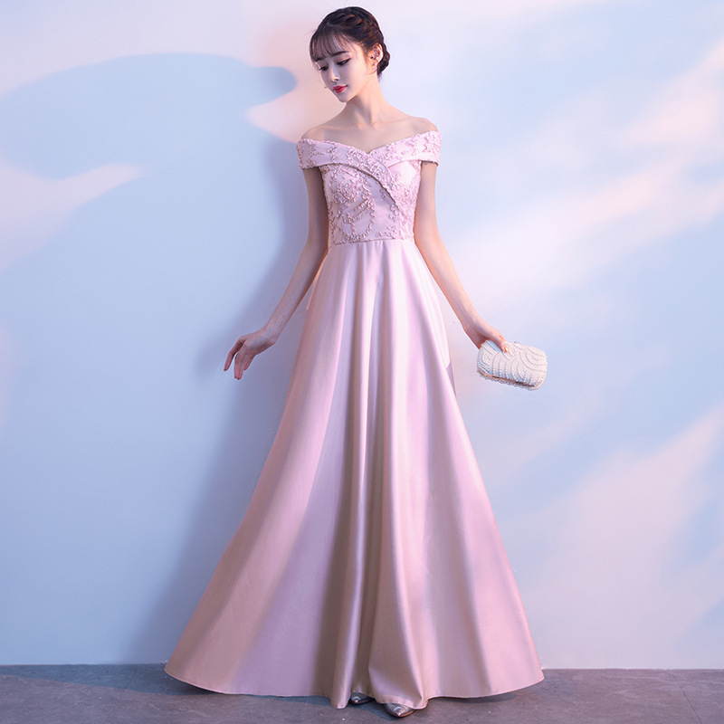 Banquete vestido de noche 2023 primavera nuevo estilo coreano elegante fuera del hombro largo adelgazamiento vestido de dama de honor para las mujeres image 8