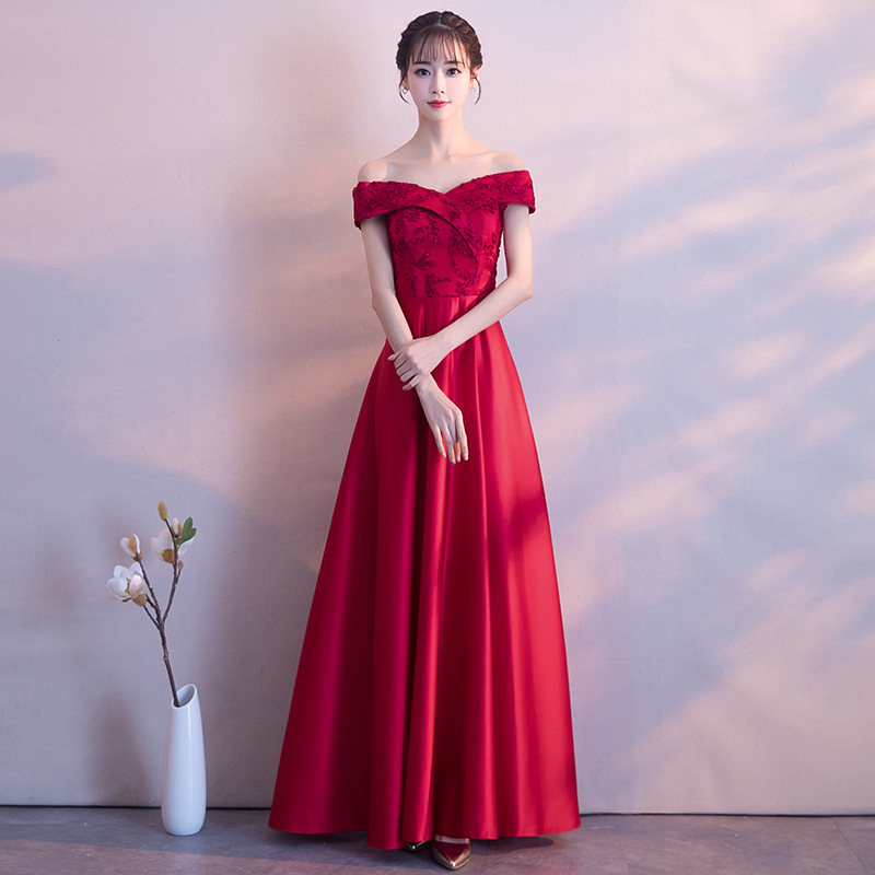 Banquete vestido de noche 2023 primavera nuevo estilo coreano elegante fuera del hombro largo adelgazamiento vestido de dama de honor para las mujeres image 10