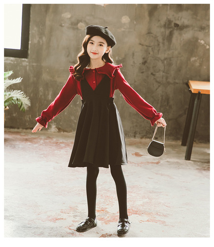 Girls' velvet dress suit, new style, girl's shirt, suspender skirt, princess two-piece Christmas performance outfit