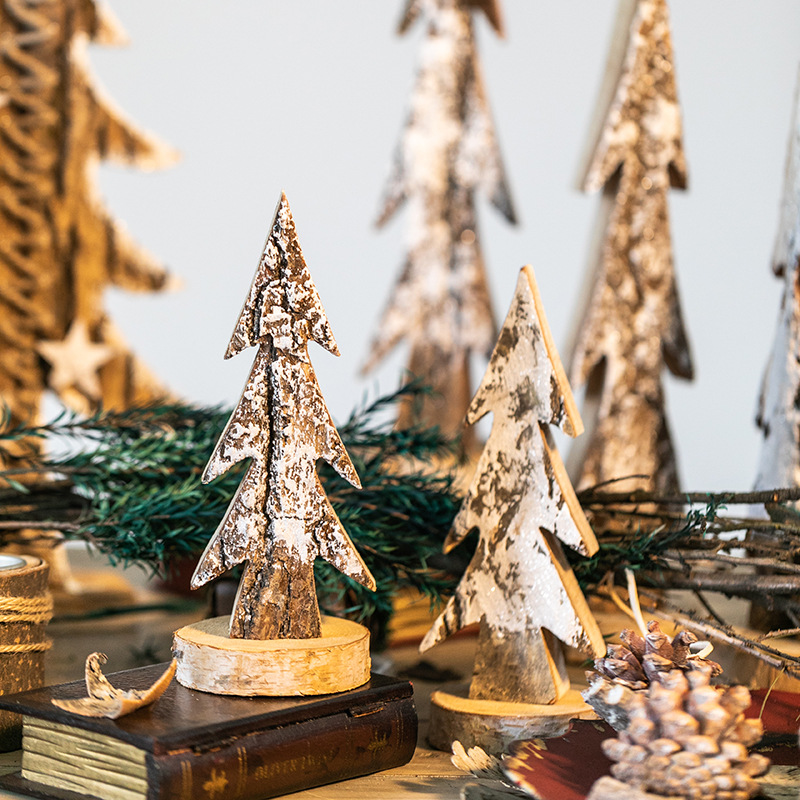 Decoración del árbol de Navidad de madera natural abedul blanco decoración de escritorio de madera de lecho decoración de ventanas de hotel mostrador pequeño árbol de Navidad